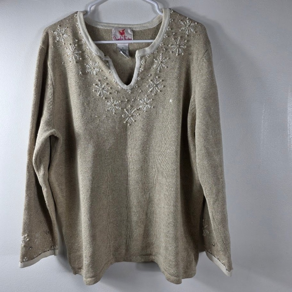 Quaker Factory Women's Snowflake Beaded Embellished‎ Sweater Top Beige 1X